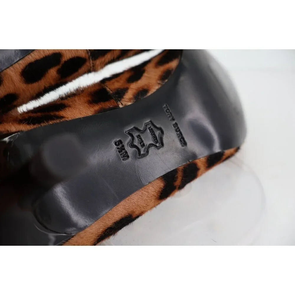 Tory Burch Double T Buckle Leopard Calf Hair Kitten Heel Pumps Size 5.5 Brown